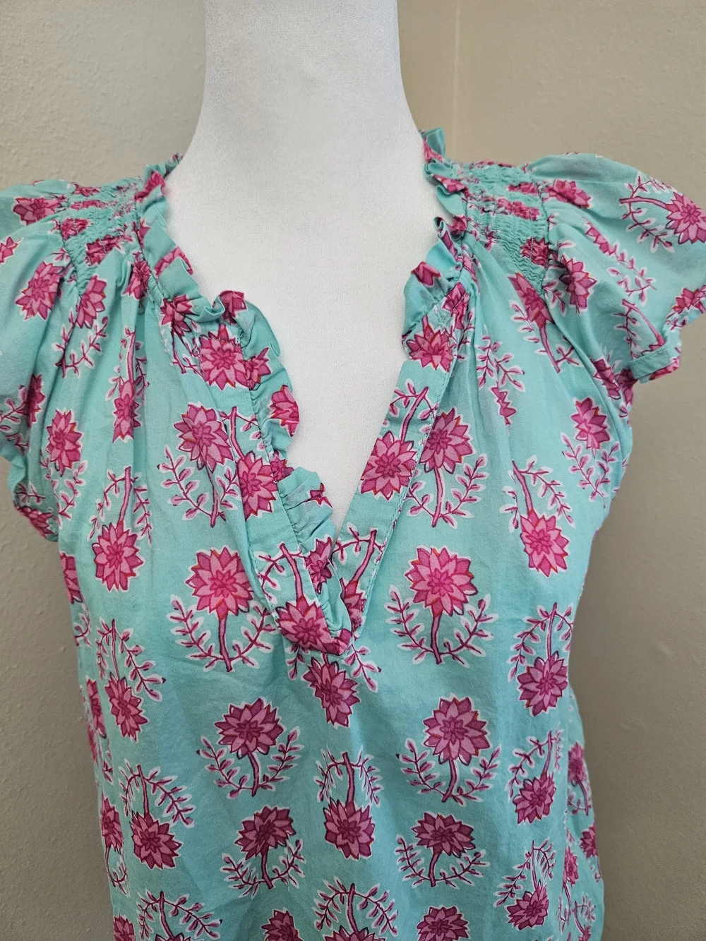J. Crew Mint Green Blouse with Pink Floral Print